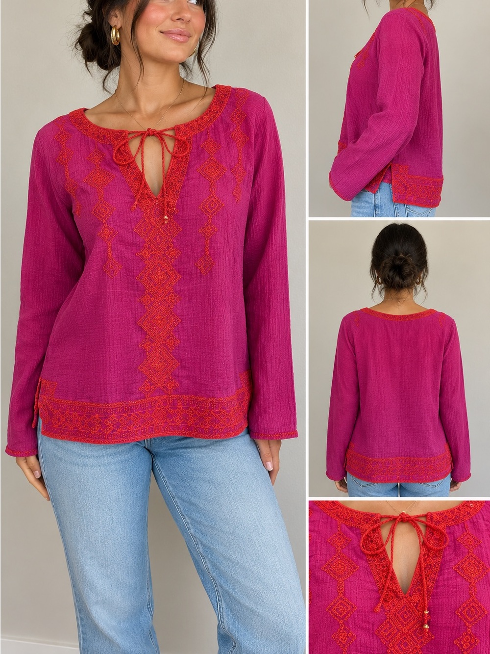 C. Wonder Sz XSmall Pink Gauze Top Red Embroidery Tie Keyhole Front